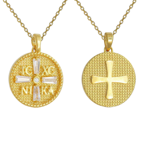 Φυλαχτό Διπλής Όψης Χρυσό Κ14 “IC XC NI KA” Με Λευκές Πέτρες Ζιργκον Στην Μία Όψη AFK-21565YAL