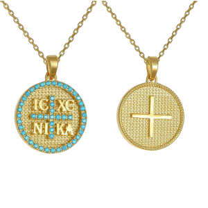 Φυλαχτό Διπλής Όψης Χρυσό Κ14 “IC XC NI KA” Με Γαλάζιες Πέτρες Ζιργκον Περιμετρικά Και Στον Σταυρό Στην Μία Όψη & Αλυσίδα 45cm AFK-21568YAL