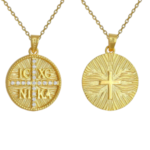 Φυλαχτό Διπλής Όψης Χρυσό Κ14 Κωνσταντινάτο Με Λεπτομέρειες Από Λευκές Πέτρες Ζιργκον & Με Αλυσίδα 45cm  AFP-21561YAL