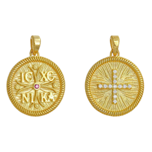 Φυλαχτό Διπλής Όψης Στρόγγυλο Χρυσό Κ14 “IC XC NI KA” Με Κόκκινη Πέτρα Ζιργκον Στο Κέντρο & Σταυρό Με Λευκές Πέτρες Ζιργκον Στην Άλλη Όψη AFK-21554Y