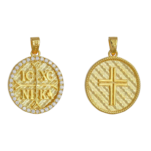 Φυλαχτό Στρόγγυλο Χρυσό Κ14 Διπλής Όψης “IC XC NI KA” Με Λευκές Πέτρες Ζιργκόν Στην Μία Όψη & Ανάγλυφο Σταυρό Λουστρέ Στην Άλλη Όψη AFK-21562Y