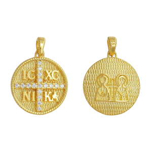 Φυλαχτό Στρόγγυλο Χρυσό Κ14 Διπλής Όψης “IC XC NI KA”, Κωνσταντινάτο Με Λευκές Πέτρες Ζιργκόν Στην Μία Όψη AFK-21558Y