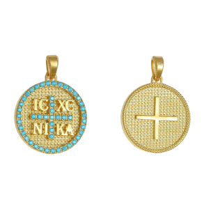Φυλαχτό Χρυσό Κ14 Διπλής Όψης “IC XC NI KA” Με Γαλάζιες Πέτρες Ζιργκον Περιμετρικά Και Στον Σταυρό Στην Μία Όψη AFK-21568Y