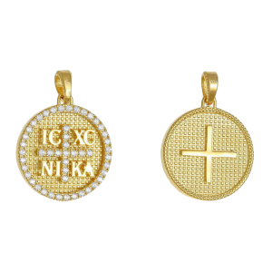 Φυλαχτό Χρυσό Κ14 Διπλής Όψης “IC XC NI KA” Με Λευκές Πέτρες Ζιργκον Περιμετρικά Και Στον Σταυρό Στην Μία Όψη AFK-21567Y