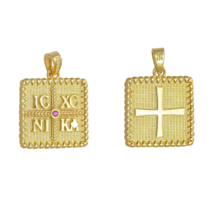 Φυλαχτό Χρυσό Κ14 Τετράγωνο Διπλής Όψης “IC XC NI KA” Με Κόκκινη Στρόγγυλη Πέτρα Ζιργόν Στον Κέντρο AFK-21566Y