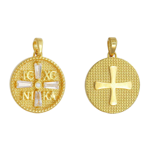 Φυλαχτό Χρυσό Κ14 Διπλής Όψης “IC XC NI KA” Με Λευκές Πέτρες Ζιργοκν Στην Μία Όψη AFK-21565Y