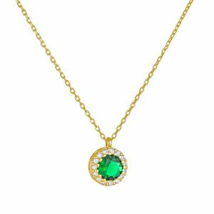 Εντυπωσιακό Κολιέ Ροζέτα Ασημένιο 925 Επιχρυσωμένο Με Στρόγγυλη Πράσινη Πέτρα Ζιργκον Στο κέντρο Και Λευκές Περιμετρικά ASZ-21630Y