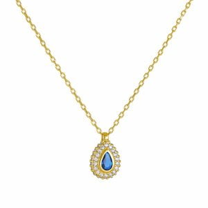 Κολιέ Ροζέτα Ασημένιο 925 Επιχρυσωμένο Σε Σχήμα Δάκρυ Με Μπλε Πέτρα Στο Κέντρο & Λευκές Περιμετρικά ASZ-21638Y