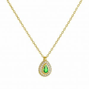 Κολιέ Ροζέτα Ασημένιο 925 Επιχρυσωμένο Σε Σχήμα Δάκρυ Με Πράσινη Πέτρα Στο Κέντρο & Λευκές Περιμετρικά ASZ-21613Y