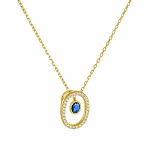 Κολιέ Οβαλ Με Λευκές Πέτρες Ζιργκόν & Καστόνι Με Μπλε Πέτρα Στο Κέντρο Ασημένιο 925 Επιχρυσωμένο ASZ-21645Y