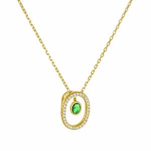 Κολιέ Οβαλ Με Λευκές Πέτρες Ζιργκόν & Καστόνι Με Πράσινη Πέτρα Στο Κέντρο Ασημένιο 925 Επιχρυσωμένο ASZ-21643Y