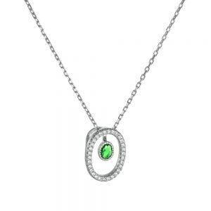 Κολιέ Οβαλ Με Λευκές Πέτρες Ζιργκόν & Καστόνι Με Πράσινη Πέτρα Στο Κέντρο Ασημένιο 925 ASZ-21643W