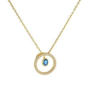 Κολιέ Κύκλος Με Λευκές Πέτρες Ζιργκόν & Καστόνι Με Μπλε Πέτρα Στο Κέντρο Ασημένιο 925 Επιχρυσωμένο ASZ-21648Y