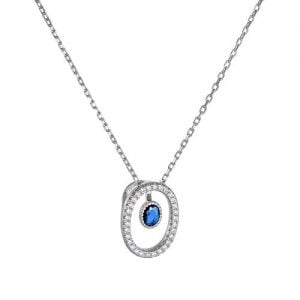 Κολιέ Οβαλ Με Λευκές Πέτρες Ζιργκόν & Καστόνι Με Μπλε Πέτρα Στο Κέντρο Ασημένιο 925 ASZ-21645W