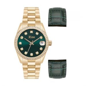 Ρολόι Γυναικείο JCOU Με Μπρασελέ Σε Χρυσό Χρώμα & Λουρί Σε Πράσινο Χρώμα JU19060-1