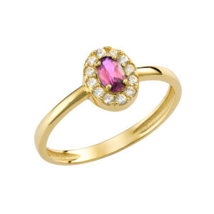 Δαχτυλίδι Χρυσό 14Κ Διακριτική Οβάλ Ροζέτα Με Κόκκινη Πέτρα Στο Κέντρο & Λευκές Περιμετρικά MSD-21728Y