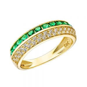 Δαχτυλίδι Χρυσό 14Κ Διπλό Με Λευκές Στρόγγυλες Πέτρες Ζιργκον & Τετράγωνες Πράσινες MSD-21890Y