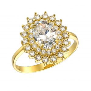 Εντυπωσιακό Δαχτυλίδι Γυναικείο Χρυσό 14Κ Με Οβαλ Κεντρική & Στρόγγυλες Μικρότερες Περιμετρικά Λευκές Πέτρες Ζιργκον MSD-21741Y