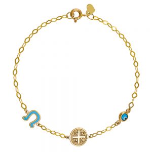 Βραχιόλι Παιδικό Χρυσό Κ14 Με Στρόγγυλο “IC XC NI KA” Πέταλο Με Μπλε Σμάλτο & Ματάκι TGB-21976Y