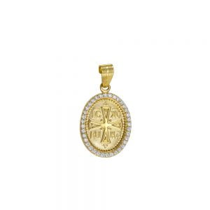 Φυλαχτό Χρυσό Κωνσταντινάτο 14Κ Οβάλ “IC XC NI KA” Με Λευκές Πέτρες Ζιργκόν Περιμετρικά LDK-21911Y
