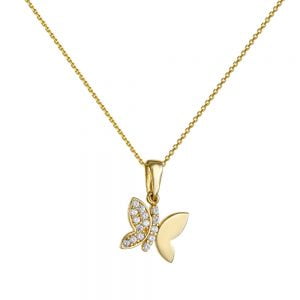 Κολιέ Χρυσό Κ14 Πεταλούδα Λουστρέ & Λευκές Πέτρες Ζιργκόν AMK-21821Y