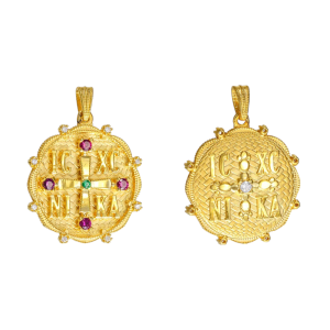 Φυλαχτό Διπλής Όψης Κωνσταντινάτο Χρυσό 14Κ Στρόγγυλο Με “IC XC NI KA” & Πέτρες Ζιργκόν ANK-21917Y