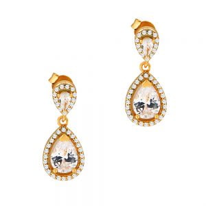 Εντυπωσιακά Σκουλαρίκια Ασημένια 925 Επιχρυσωμένα Κρεμαστά Σε Σχήμα Δάκρυ & Λευκές Πέτρες Ζιργκόν ASZ-22060Y