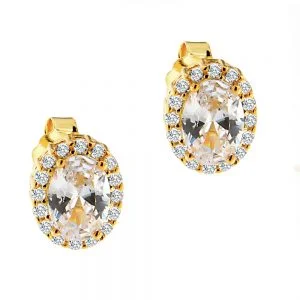 Ασημένια 925 Επιχρυσωμένα Καρφωτά Σκουλαρίκια Οβάλ Ροζέτες Με Λευκές Πέτρες Ζιργκόν ASZ-22043Y