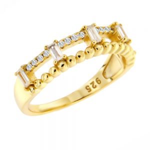 Ασημένιο Επιχρυσωμένο 925 Δαχτυλίδι Με Λευκές Πέτρες Ζιργκόν Στρόγγυλες Και Ορθογώνιες Σε Κοπή BAUGETTE ASZ-22069Y