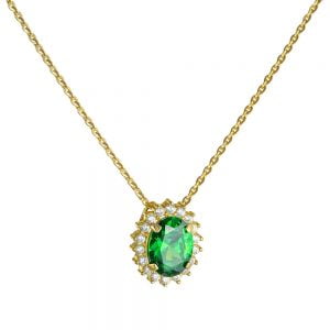 Κολιέ Χρυσό 14Κ Ροζέτα Με Πράσινη Κεντρική Πέτρα Ζιργκόν & Λευκές Περιμετρικά MSK-21953Y
