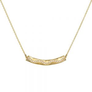 Κολιέ Χρυσό Κ14 Μπάρα Λουστρέ & Λεπτομέρειες Από Λευκές Πέτρες Ζιργκόν TSK-22163Y