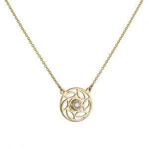 Κολιέ Χρυσό Κ14 Διάτρητος Κύκλος Με Λευκή Στρόγγυλη Πέτρα Ζιργκόν Στο Κέντρο TSK-22167Y