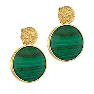 Εντυπωσιακά Κρεμαστά Σκουλαρίκια Γυναικεία Χρυσά 14Κ Με Στρόγγυλη Πέτρα Μαλαχίτη & Σφυρήλατο Κύκλο Στο Πάνω Μέρος KBS-22161Y