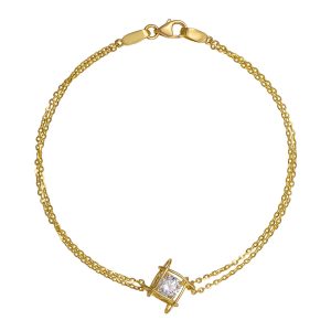 Βραχιόλι Γυναικείο Χρυσό 14Κ Με Διπλή Αλυσίδα & Εντυπωσιακό Τετράγωνο Καστόνι Με Λευκή Πέτρα Ζιργκόν VRV-22197Y