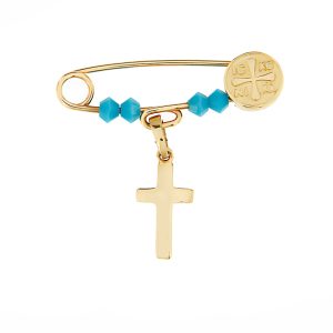 Παραμάνα Παιδική Χρυσή 14Κ Με “IC XC NI KA” , Γαλάζιες Πέτρες & Σταυρουδάκι VRS-22358Y