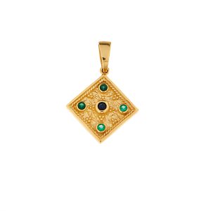Μενταγιόν Σε Βυζαντινό Ύφος Χρυσό 14Κ Ρόμβος Με Πράσινες & Μπλε Πέτρες Ζιργκόν VRV-22369Y