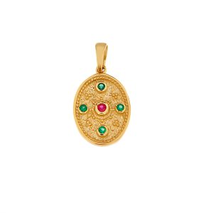 Μενταγιόν Σε Βυζαντινό Ύφος Χρυσό 14Κ Σε Σχήμα Οβάλ Με Πράσινες & Κόκκινη Πέτρα Στο Κέντρο VRV-22370Y
