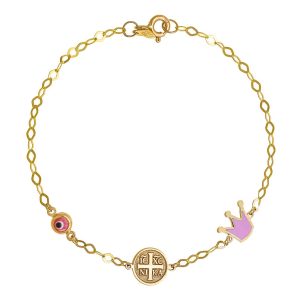 Βραχιόλι Παιδικό Χρυσό Κ14 “IC XC NI KA” , Κορώνα Με Ροζ Σμάλτο & Ματάκι TGB-23080Y