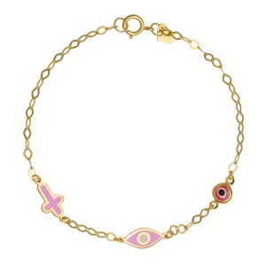 Βραχιόλι Παιδικό Χρυσό Κ9 Με Μάτι , Σταυρουδάκι Με Σμάλτο & Στρόγγυλο Ματάκι TGB-22434Y