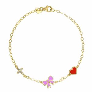 Βραχιόλι Παιδικό Χρυσό Κ9 Με Φιογκάκι Με Ροζ Σμάλτο Καρδιά Με κόκκινο Σμάλτο & Σταυρουδάκι Με Λευκές Πέτρες Ζιργκόν TGV-22437Y