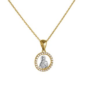 Φυλαχτό Στρόγγυλο  Με Αλυσίδα Χρυσό 14Κ Με Λευκόχρυση Την Παναγία & Λευκές Πέτρες Ζιργκόν Περιμετρικά SXP-22429YAL