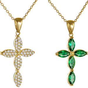 Σταυρός Γυναικείος Χρυσός 14Κ Διπλής Όψης Με Λευκές Πέτρες Στην Μία Όψη & Πράσινες Πέτρες Ζιργκόν Στην Άλλη Όψη SXS-22452Y