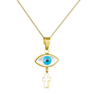 Χρυσό Ματάκι Με Αλυσίδα Κ14 Με Φίλντισι & Σταυρουδάκι MKB-22553Y