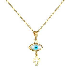 Χρυσή Αλυσίδα Με Ματάκι & Κρεμαστό Σταυρουδάκι Κ14 Φίλντισι MKB-22578Y
