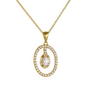 Κολιέ Χρυσό Κ14 Διπλής Όψης Με Κρεμαστή Ροζέτα Στην Μία Όψη & Λευκές Πέτρες Ζιργκόν SXK-22475Y