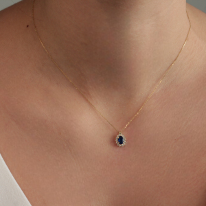 Κολιέ Χρυσό 14Κ Ροζέτα Οβάλ Με Μπλε Ζιργκόν Κεντρική Πέτρα & Λευκές Στρόγγυλες Περιμετρικά MSK-22631Y