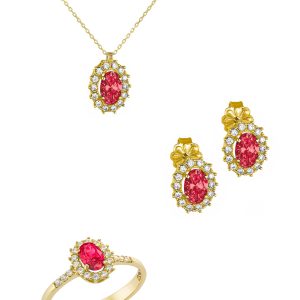 Σετ Χρυσό 14Κ Ροζέτα Οβάλ Με Κόκκινη Κεντρική Και Στρόγγυλες Λευκές Πέτρες Ζιργκόν Περιμετρικά Αποτελούμενο Από Κολιέ Σκουλαρίκια & Δαχτυλίδι SET-22627Y