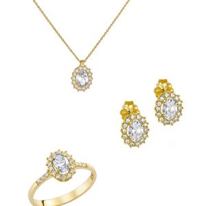 Σετ Χρυσό 14Κ Ροζέτα Οβάλ Με Λευκές Πέτρες Ζιργκόν Αποτελούμενο Από Κολιέ Σκουλαρίκια & Δαχτυλίδι SET-22637Y