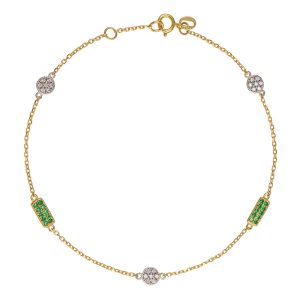 Βραχιόλι Γυναικείο Χρυσό 14Κ Με Στρόγγυλα & Ορθογώνια Σχέδια Με Λευκές Και Πράσινες Πέτρες Ζιργκόν AMV-22665Y