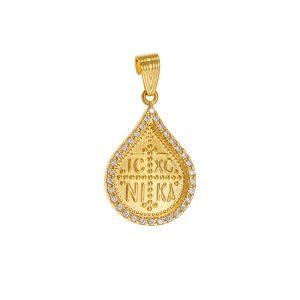 Φυλαχτό “IC XC NI KA” Χρυσό Κ14 Σε Σχήμα Δάκρυ Με Λευκές Πέτρες Ζιργκόν Περιμετρικά MKP-22671Y